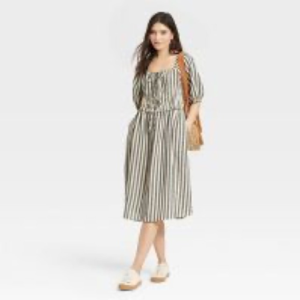 Women's Puff Short Sleeve Dress - Universal Thread - cream striped - L - new